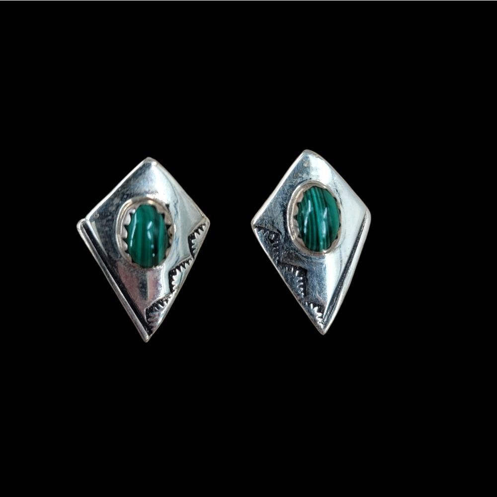 Sterling Silver and Green Malachite Native American Navajo Earrings Pierced Stud